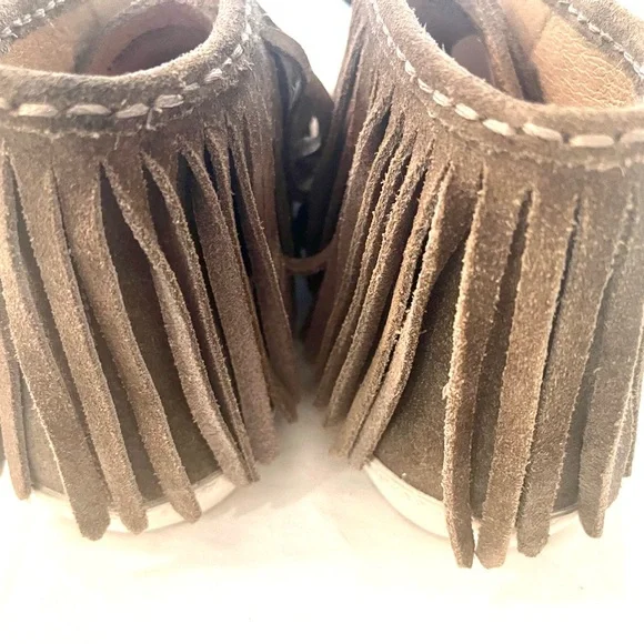 Frye Grayish Taupe Suede Fringe High-Top Boots - Picture 5 of 15
